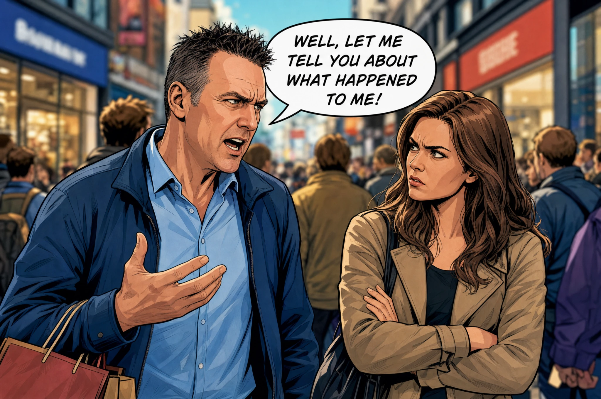 A cartoon-like image depicting two shoppers sharing a negative experience while shopping.