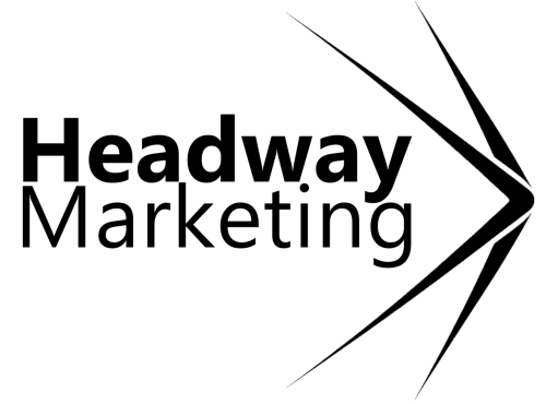 Headway Marketing Logo - black text with a double arrow representing the wake created by a boat moving through water