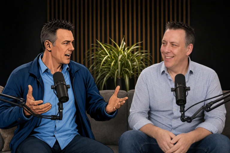 Demonstrating the effectiveness of AI, Paul is shown sat with a cartoon-like rendering of himself in a podcast studio.