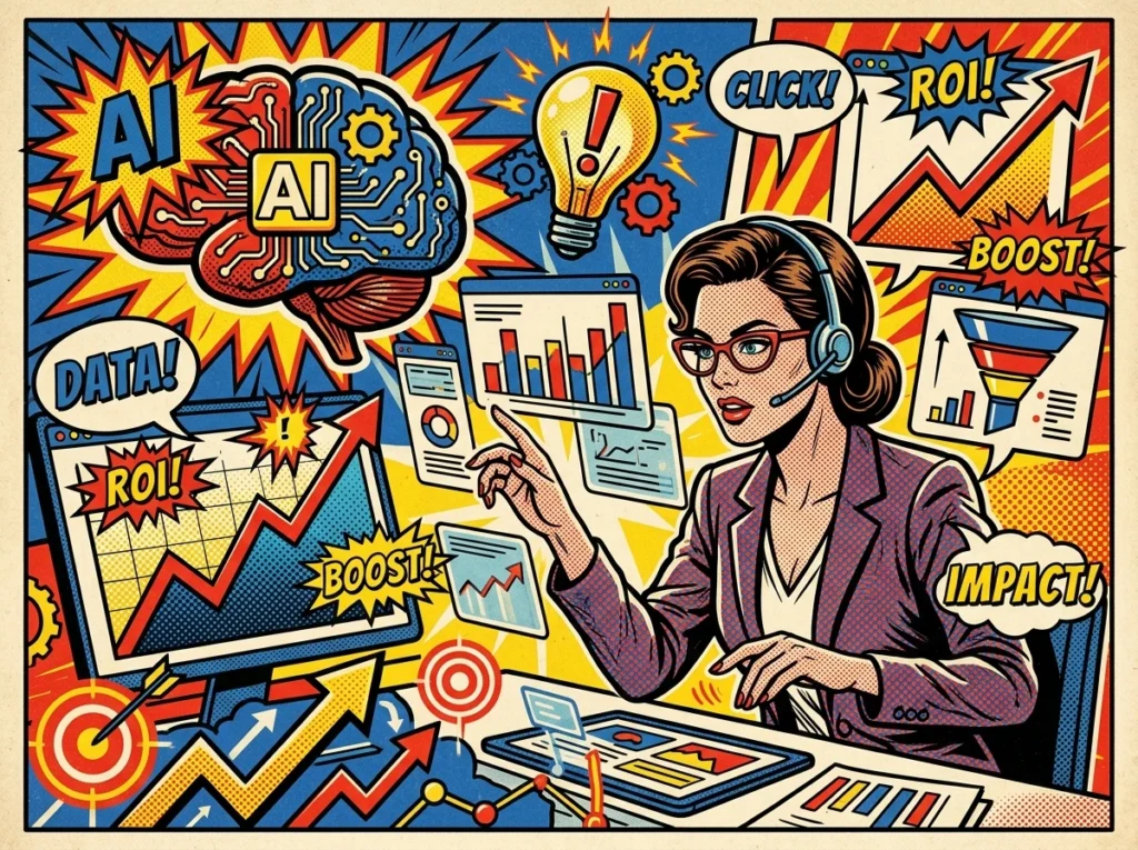 Good articulation of ideas enables great AI outputs; this Pop-Art themed image depicts the relationship between marketing and AI.