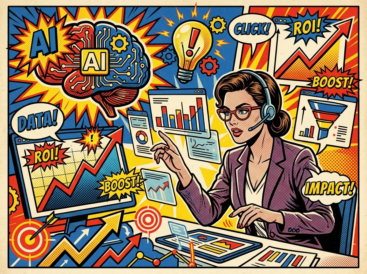 Good articulation of ideas enables great AI outputs; this Pop-Art themed image depicts the relationship between marketing and AI.